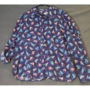 Talbots Top Womens Sz Large Blue Sailboat Nautical Button Career Casual Roll Tab